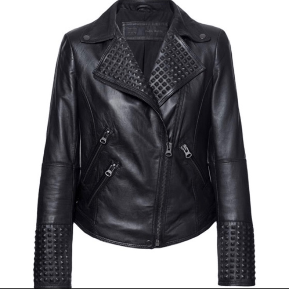 Zara Leather Studded Matte Black Biker Jacket S